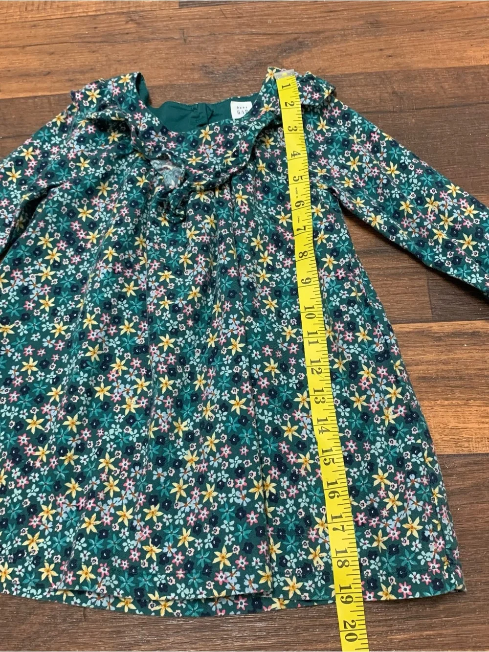 Baby Gap girl's Dress Sz 3 green Floral Print ruffled neckline Long Sleeve